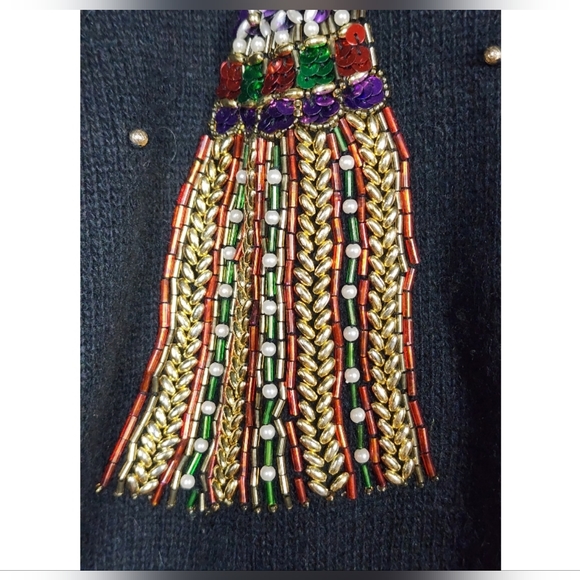 Vintage 80s holiday beaded tassel black wool pullover sweater M - Picture 5 of 6